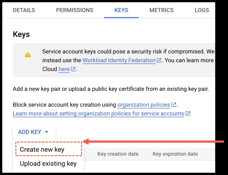 Google Cloud BigQuery - Click Add key and select New key