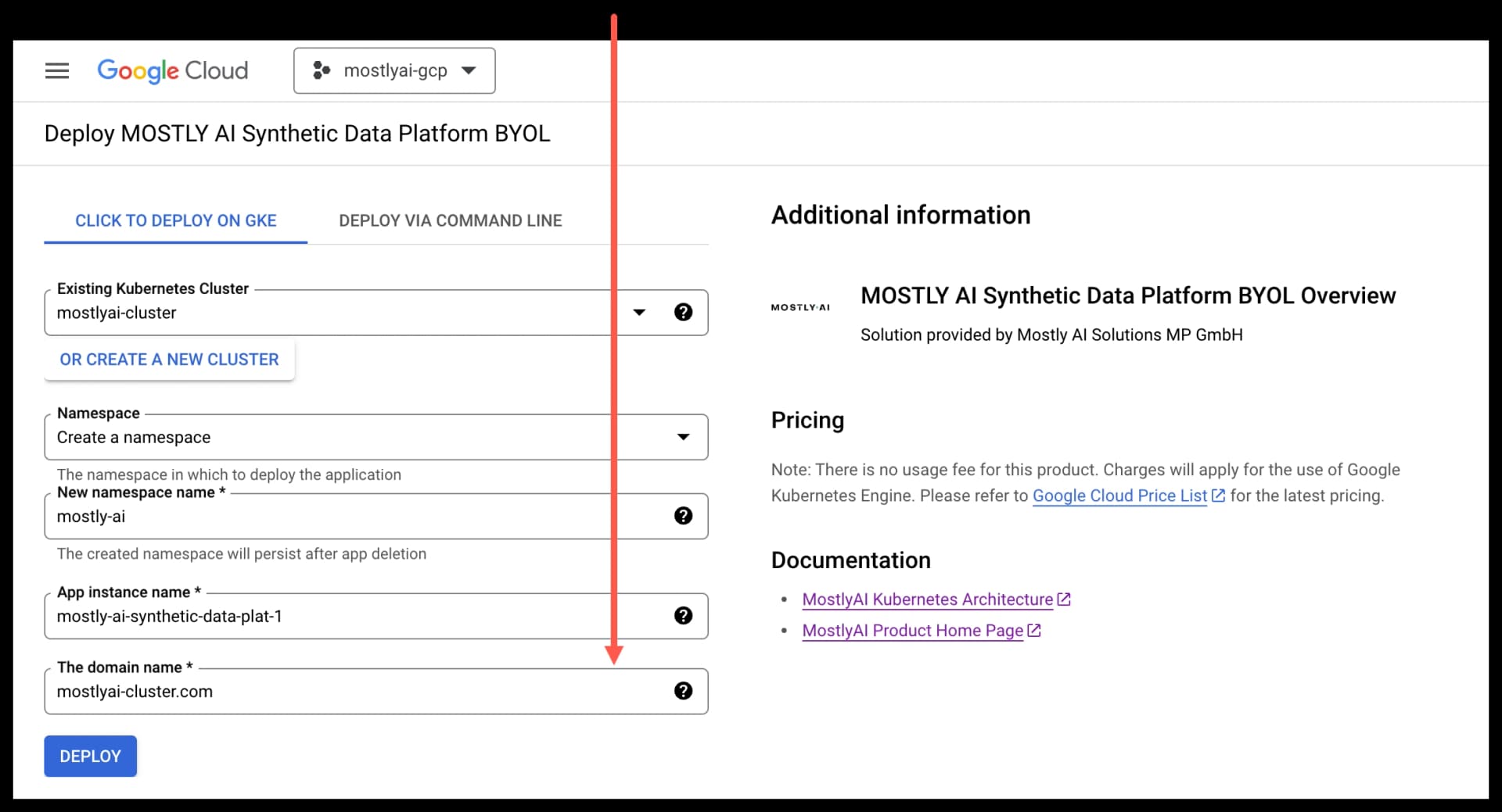 GCP Marketplace - Select namespace
